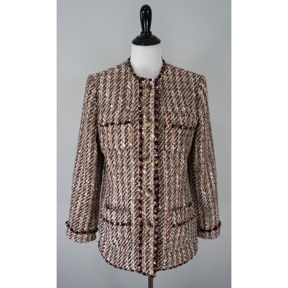 Ann Taylor Brown Fringe Knit Gold Metallic Button Up Textured Blazer Jacket 12 - Picture 3 of 9